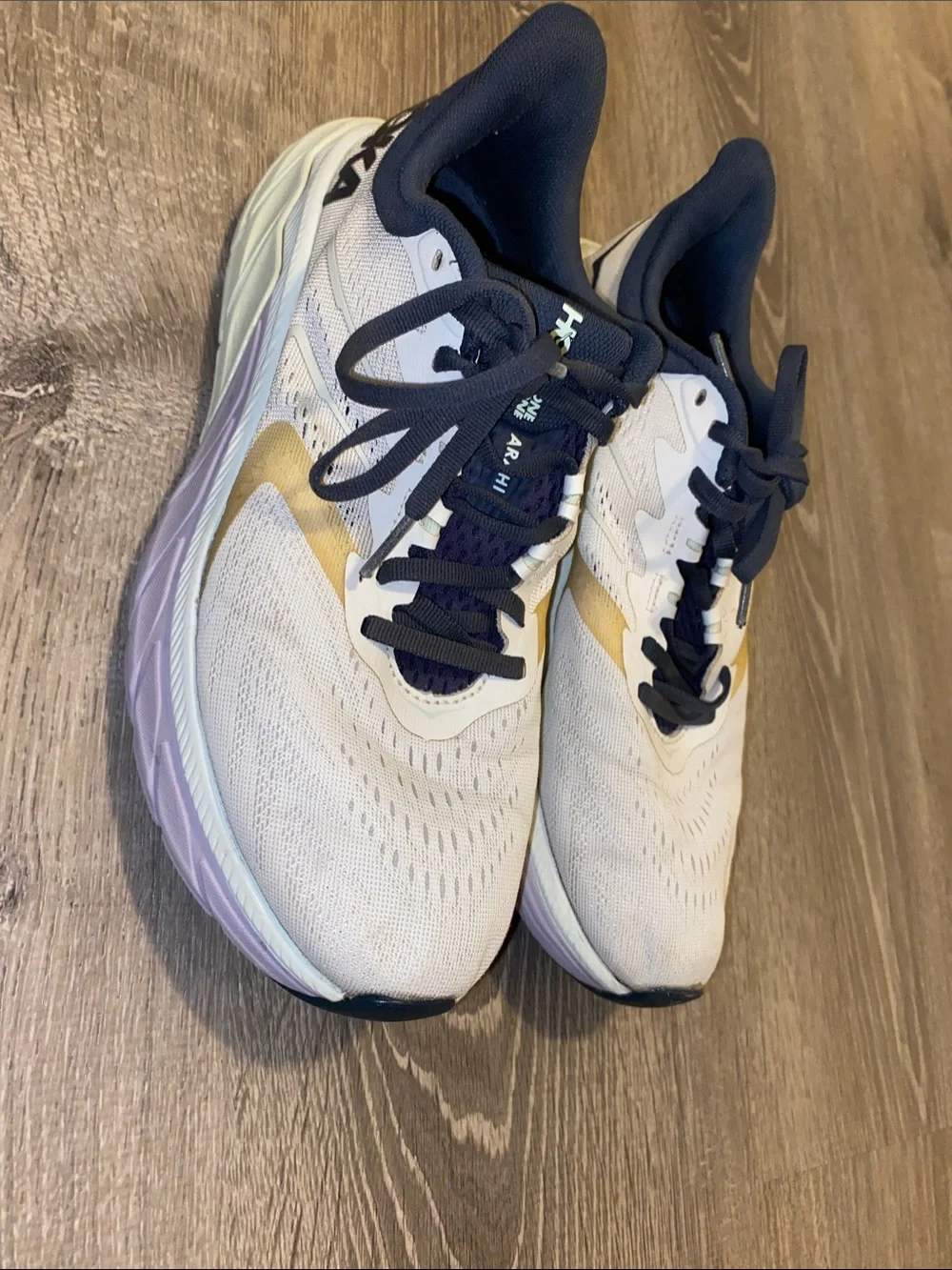 Hoka Women's Running Shoes in White, Navy & Gold - Picture 1 of 4